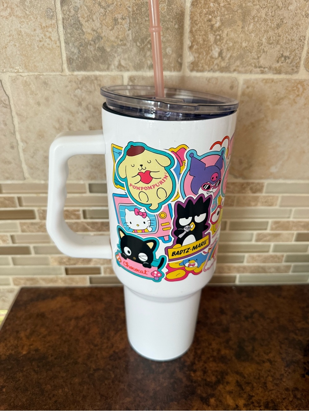 Sanrio White Travel Tumbler with Colorful Character Stickers